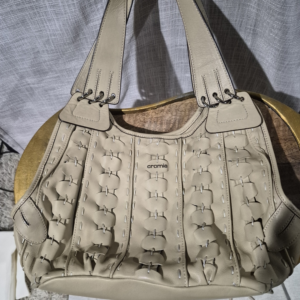 Cromia Beige Woven-Detail Leather Shoulder Bag Italian Bag